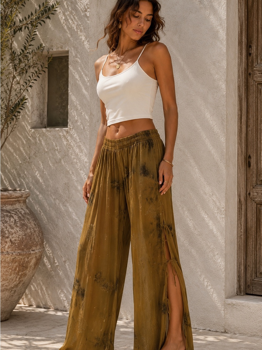 URU Hand Dyed Rayon Gauze Wide Leg Pants Lace Up Sides Wearable Art